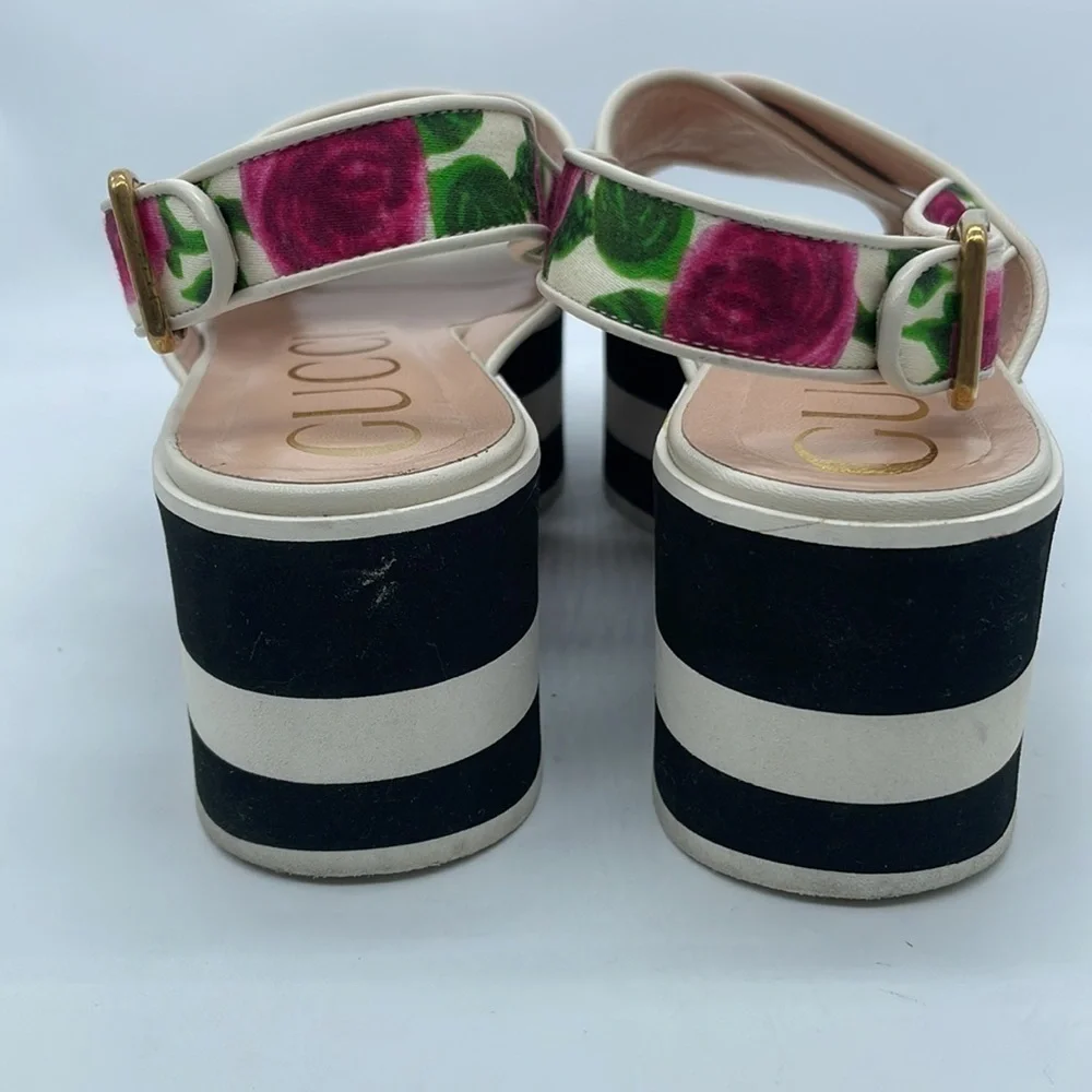GUCCI Pink Red Rose Floral Sandals Peggy Platforms Striped Sole 39.5